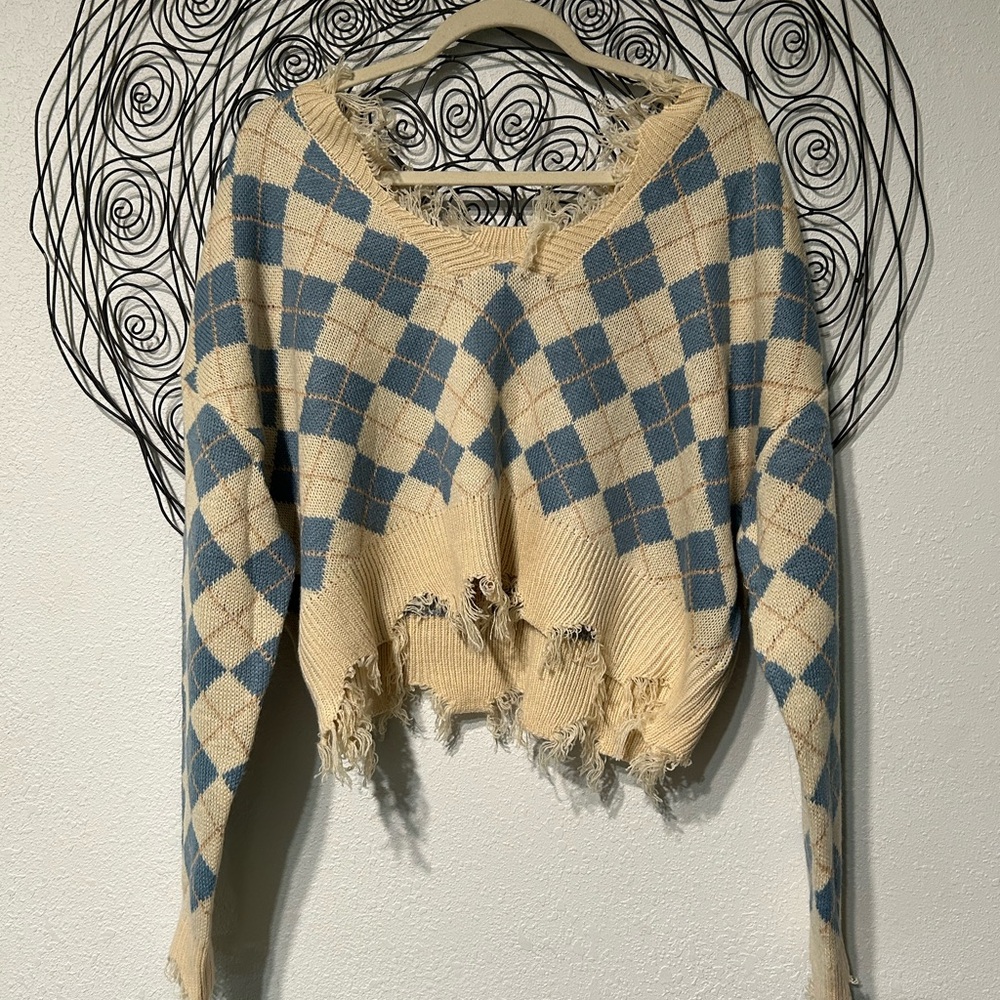 Off-the-Shoulder Argyle Sweater - Blue and Cream